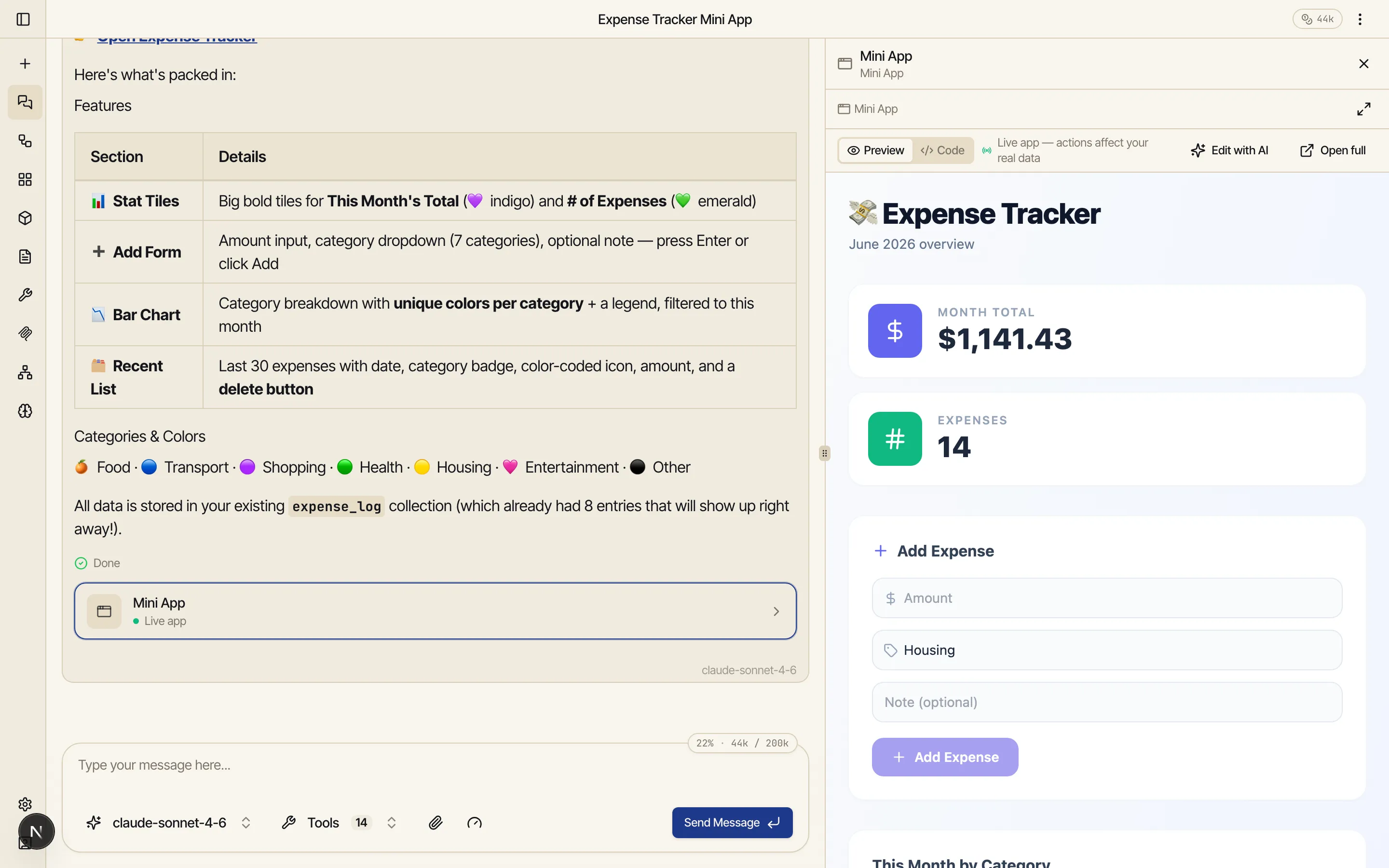 Chat in Catalyst on the left and a live Expense Tracker app open in a side panel on the right: the assistant has summarized the features it built while the running app shows month's spend, an entry count, an add-expense form with category pills, and a category bar chart.