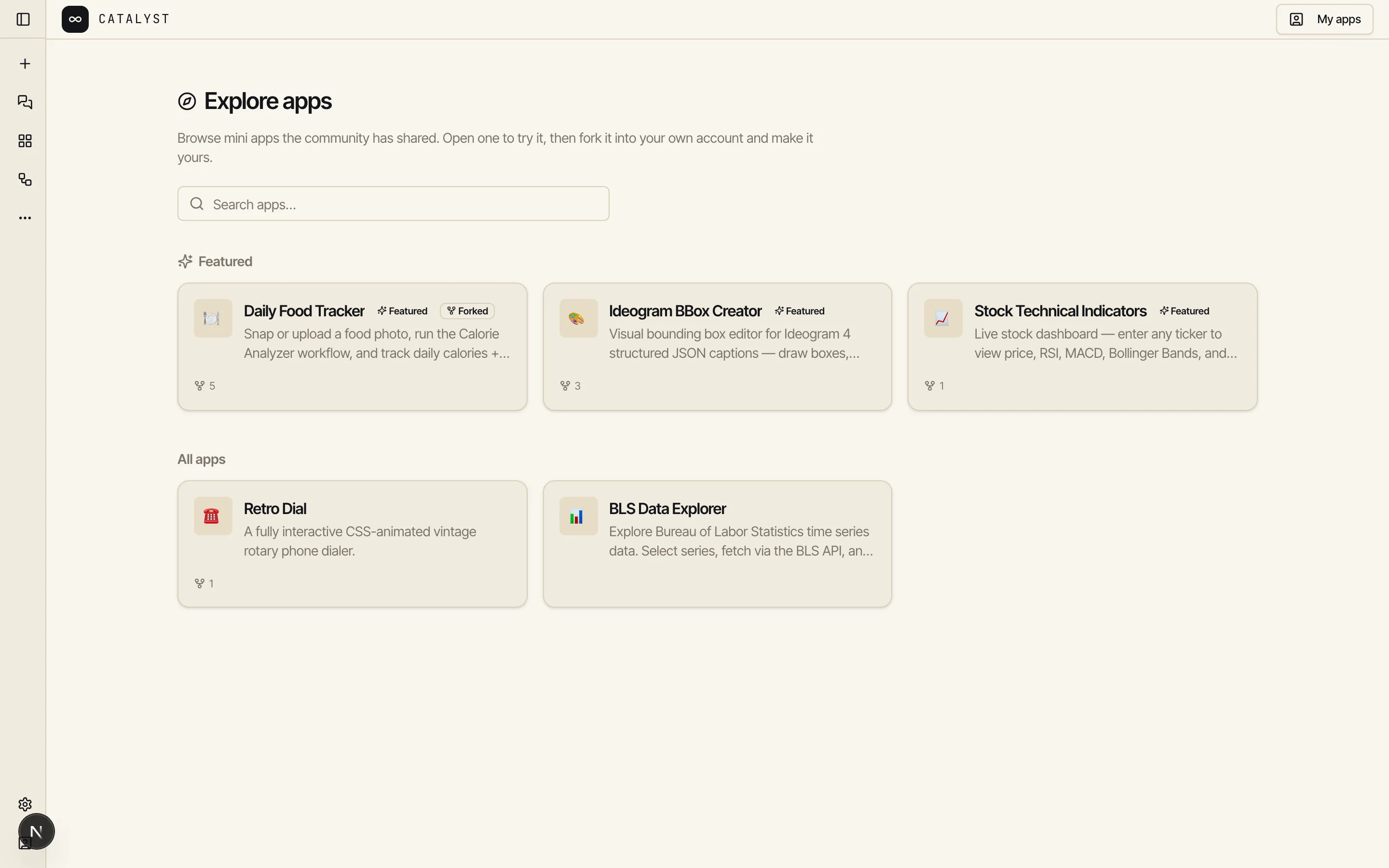 The Explore apps page in Catalyst: a grid of published app cards each with an emoji icon, name, and short description, under an 'Explore apps' heading with a compass icon.