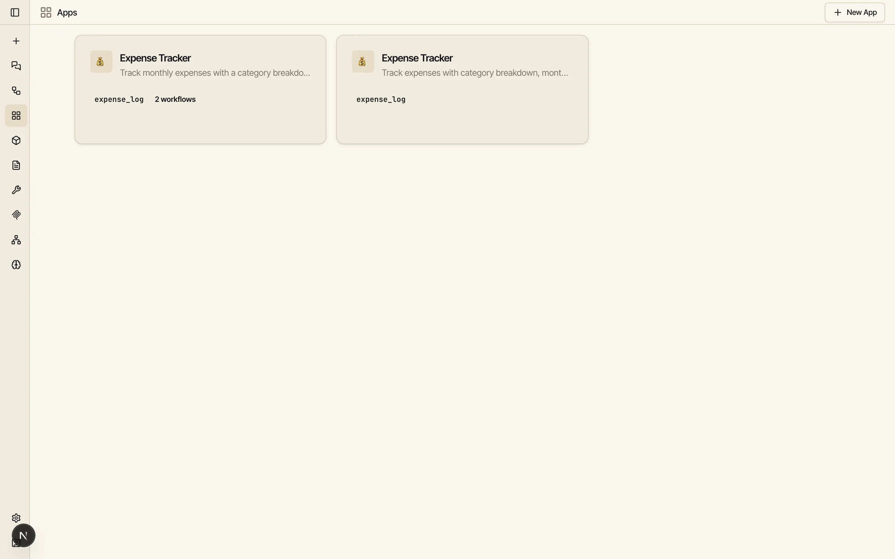 The Apps section in Catalyst showing an Expense Tracker card with its description and the expense_log collection it uses, plus a New App button in the top right.