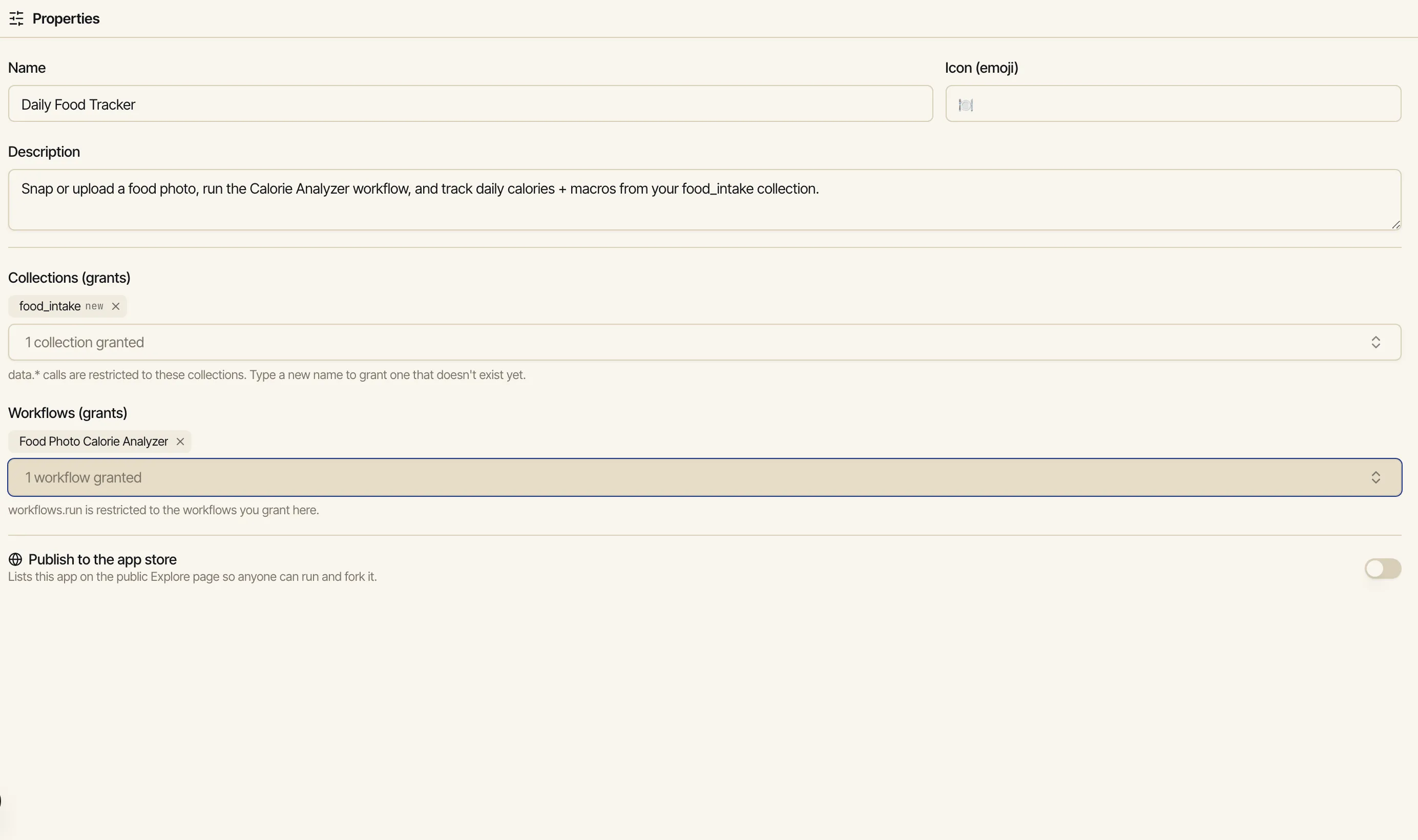 The lower part of the app editor's Properties pane showing a 'Publish to the app store' row with a Globe icon and an off/on switch, and helper text reading 'Lists this app on the public Explore page so anyone can run and fork it.'