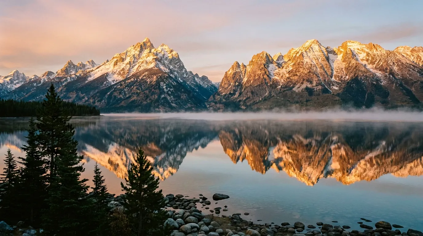 A serene mountain lake at sunrise in a 16:9 widescreen frame.