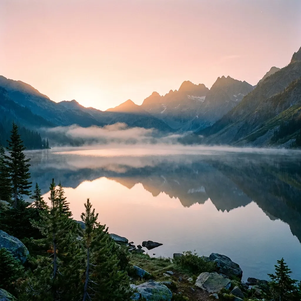 A serene mountain lake at sunrise in a 1:1 square frame.