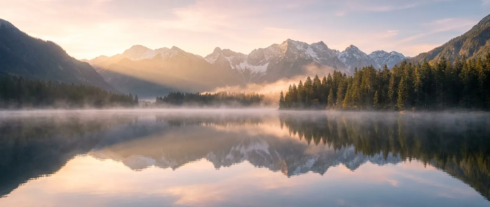 A serene mountain lake at sunrise in a 21:9 ultra-wide cinematic frame.