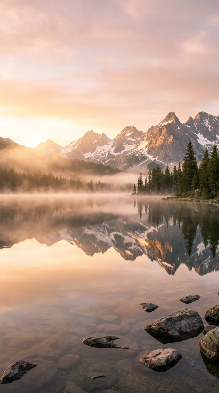 A serene mountain lake at sunrise in a 9:16 vertical frame, suited to phone screens and stories.