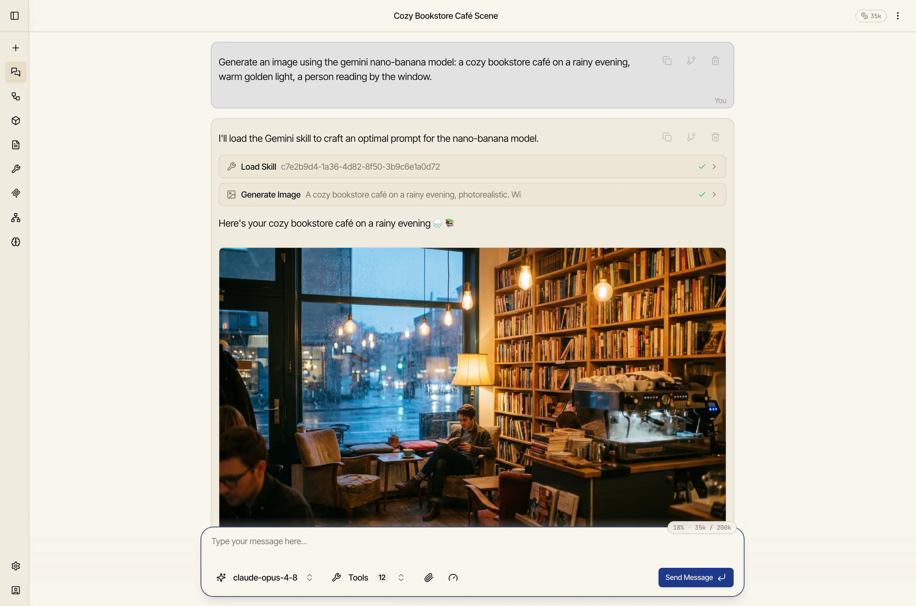 A Catalyst chat where the user asks for an image; the assistant generates it and shows the finished picture inline in the reply.