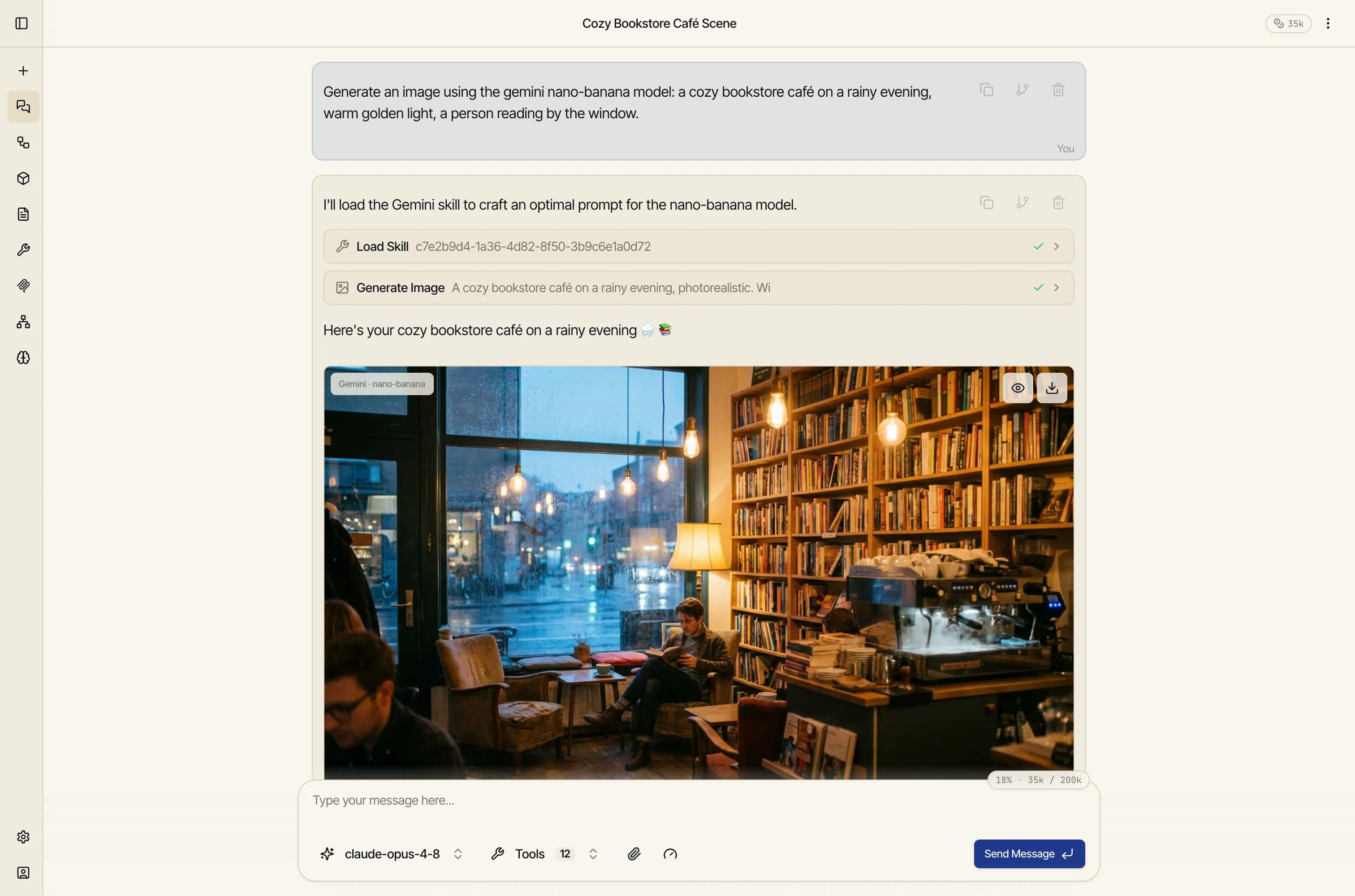 A generated image in chat with its hover panel visible: a model badge plus expand and download controls.