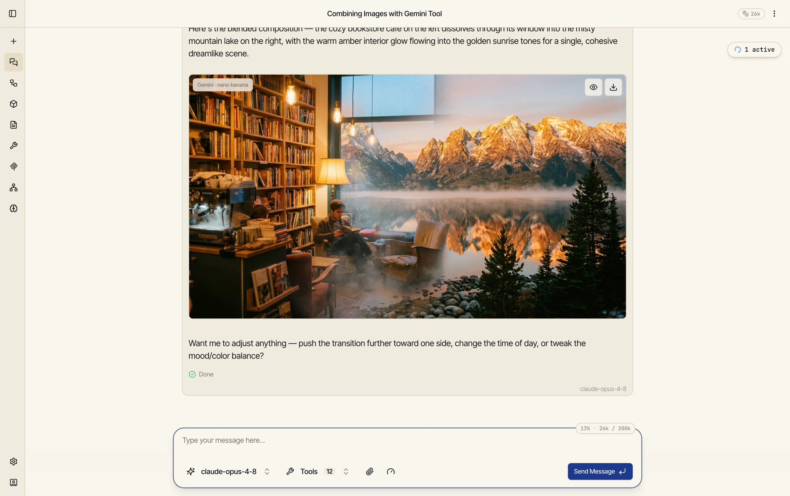 A Catalyst chat with two source images attached, the compose tool call, and the combined result below it.
