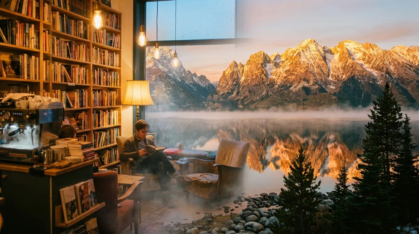 A single composed image blending the bookstore café and the mountain lake into one seamless scene.