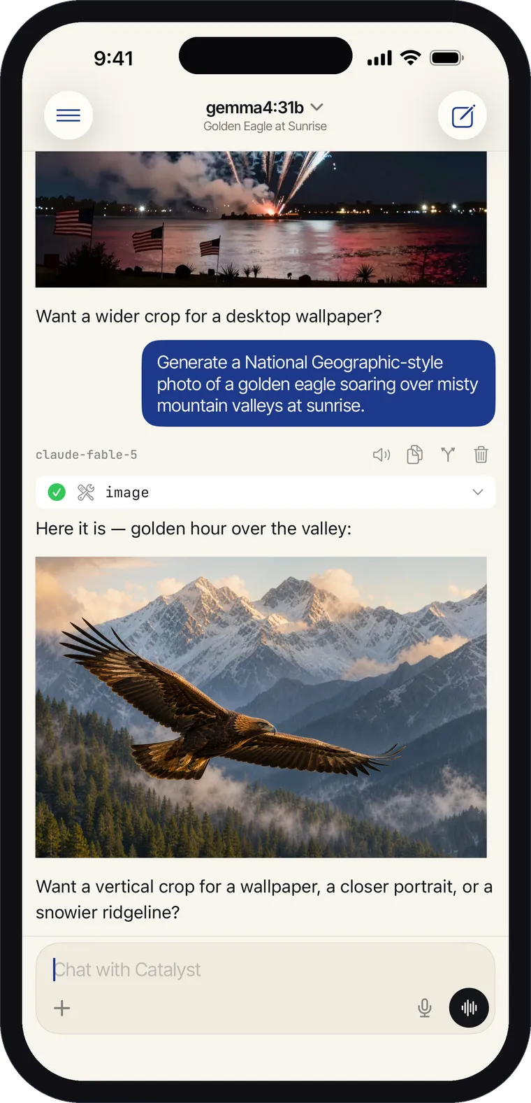 A Catalyst chat on iPhone showing a generated image of a golden eagle inside the conversation.