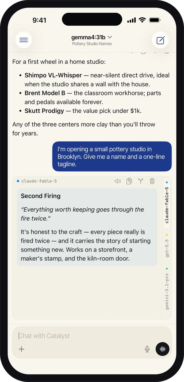 An iPhone chat with three models answering the same question, a vertical rail on the right listing claude-fable-5, gpt-5.5 and gemini-3.1-pro.