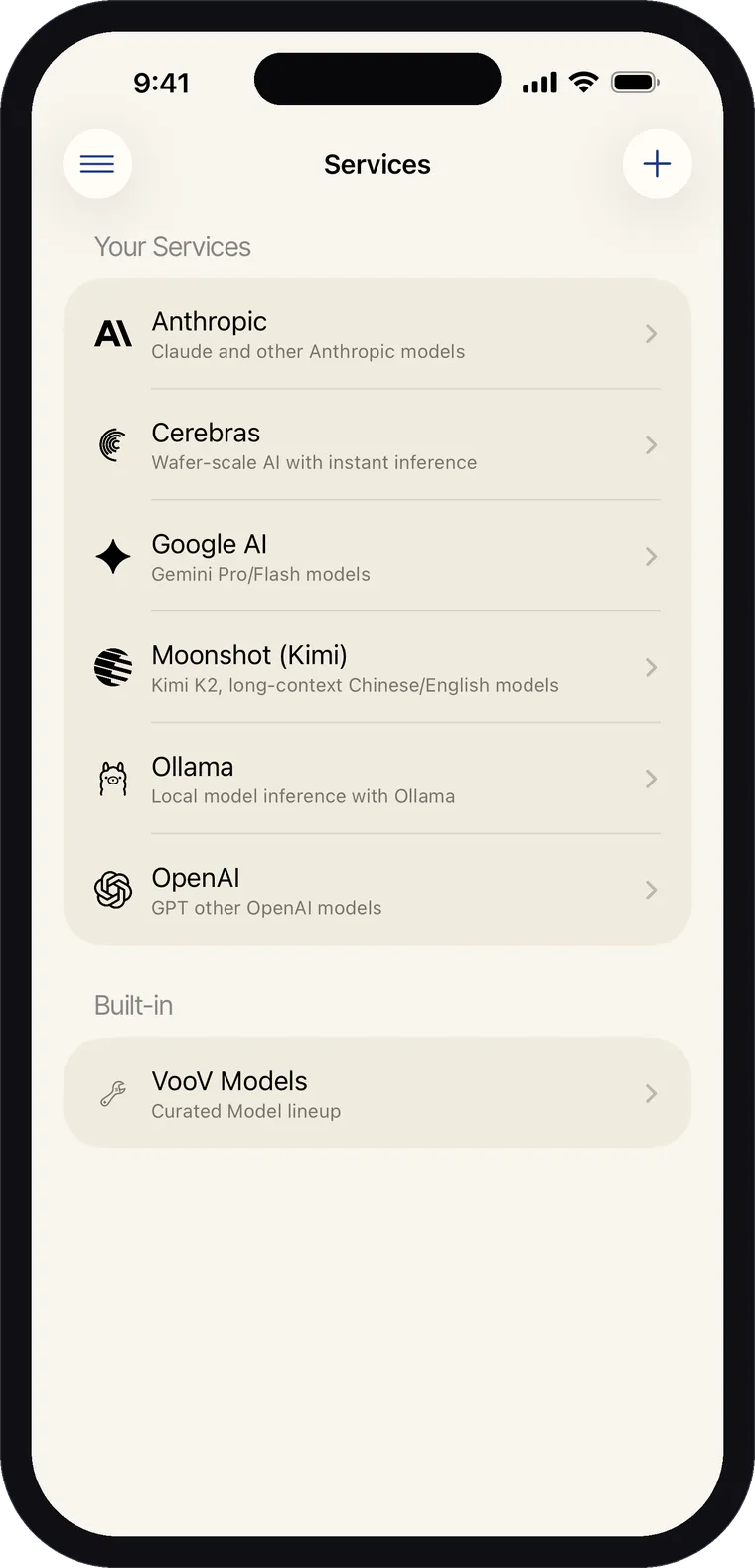 The Services screen on iPhone listing connected AI providers.
