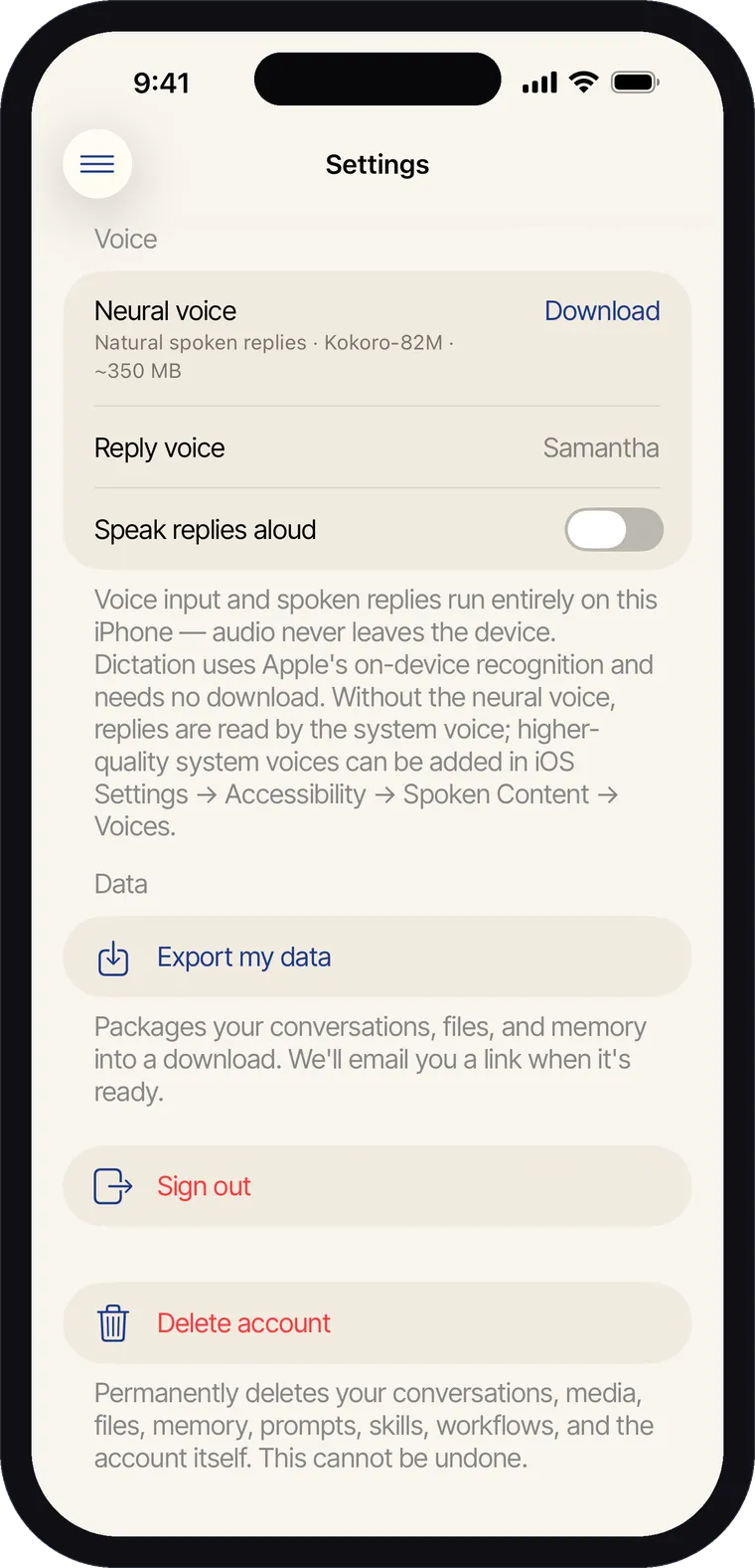 The Voice section of iPhone Settings, offering the neural voice download, the reply voice, and a Speak replies aloud toggle.