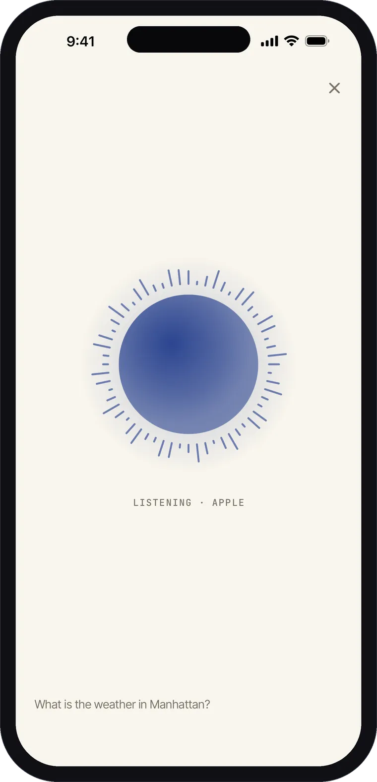 Catalyst's full-screen voice mode on iPhone: a large blue orb reacting to the voice, captioned LISTENING · APPLE, with the transcribed question beneath.