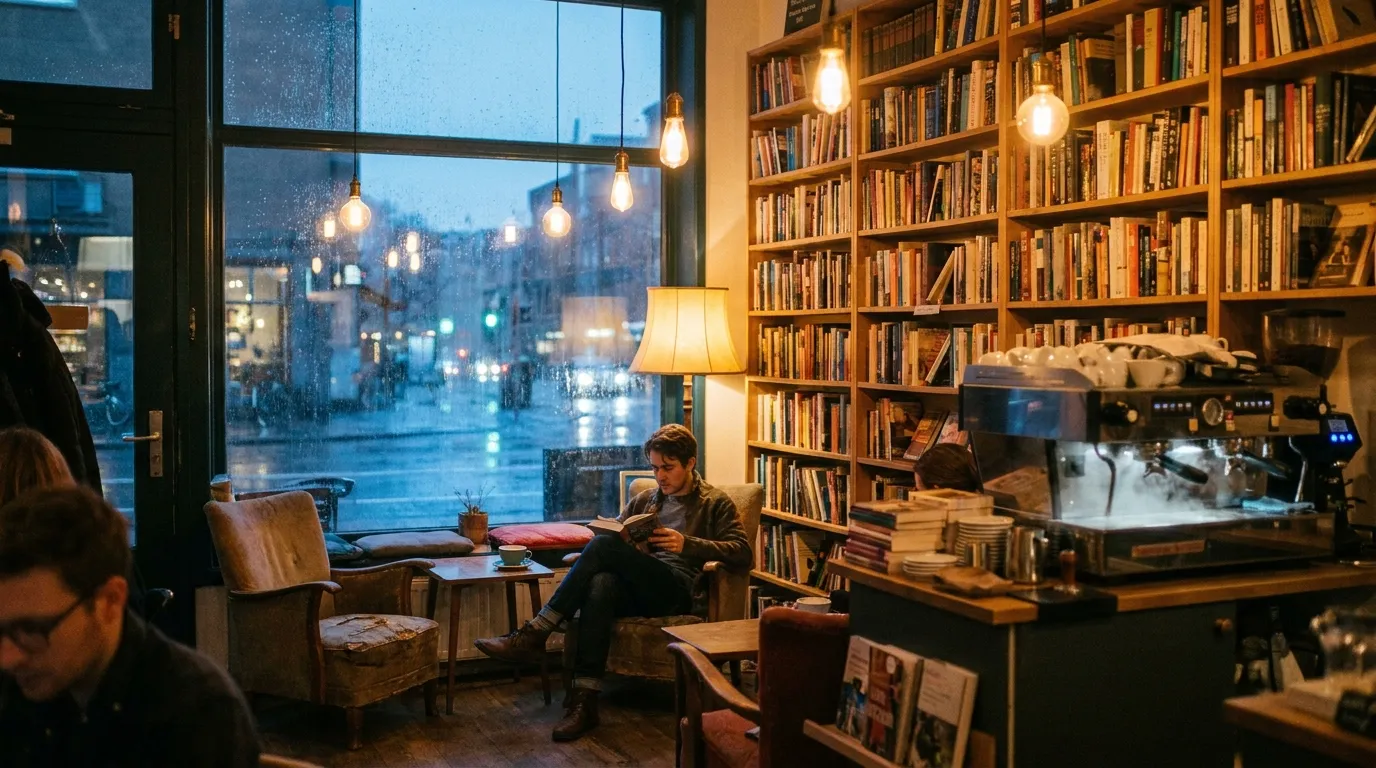 A cozy bookstore café on a rainy evening, generated by Gemini nano-banana — rich, atmospheric, photographic detail.