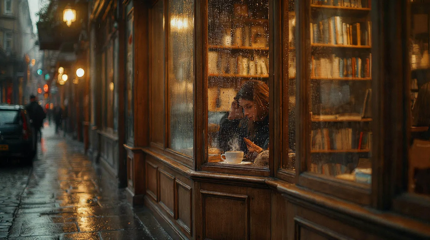A cozy bookstore café on a rainy evening, generated by Ideogram 4 — crisp detail and strong composition.