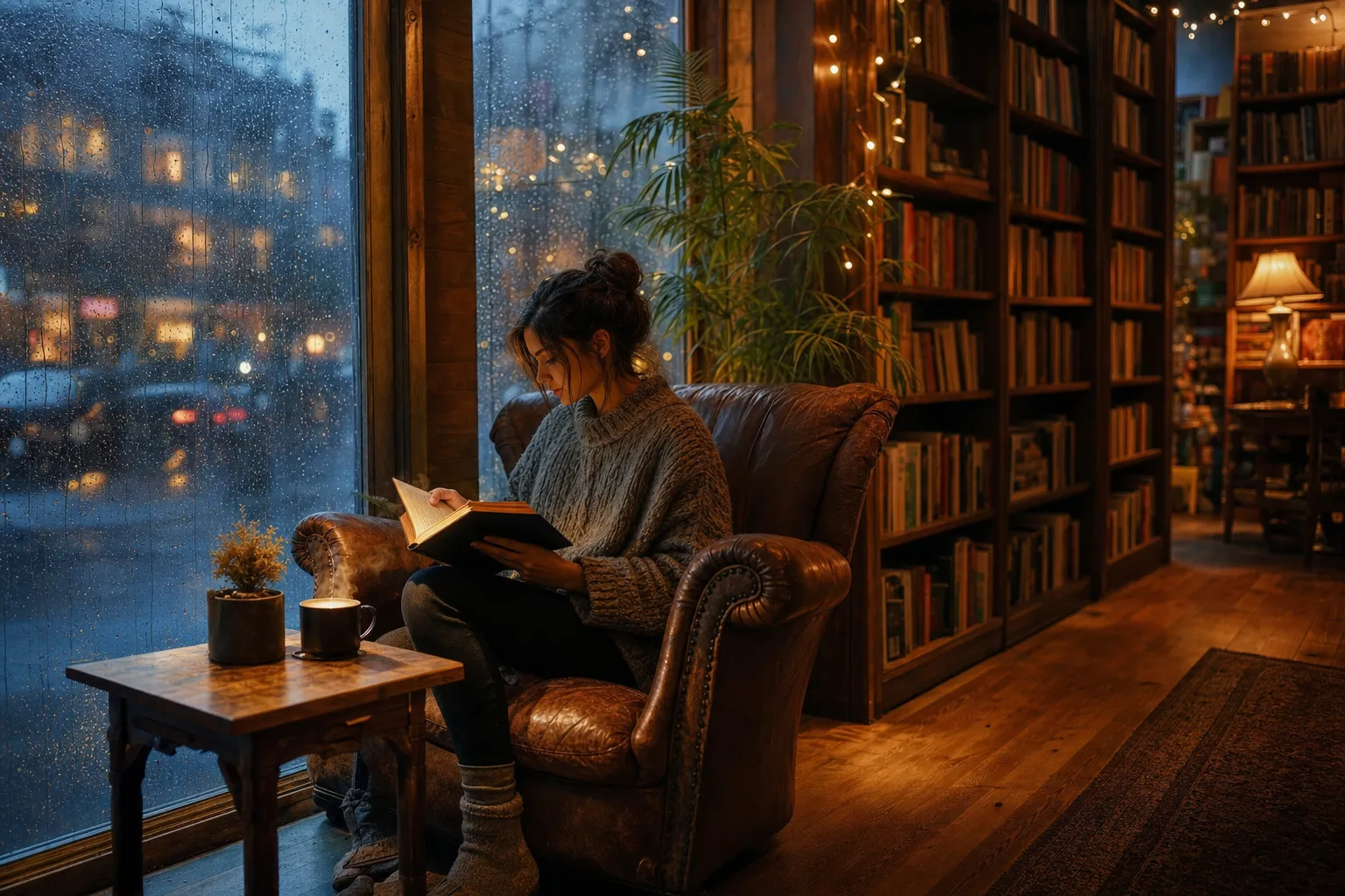 A cozy bookstore café on a rainy evening, generated by OpenAI gpt-image-2 — photorealistic lighting and texture.