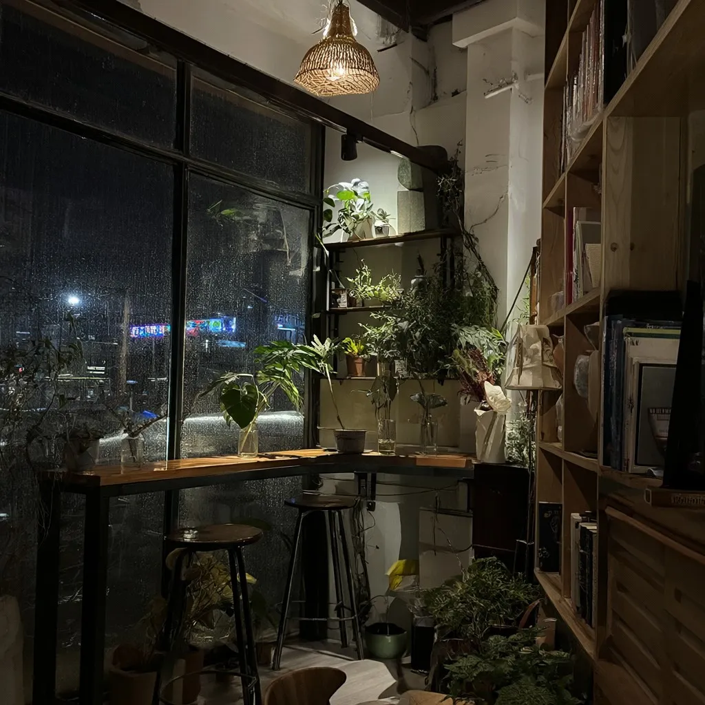 A cozy bookstore café on a rainy evening, generated by Qwen-Image 2.1 — a candid, photographic corner with a window counter, plants, bookshelves and rain on the glass.