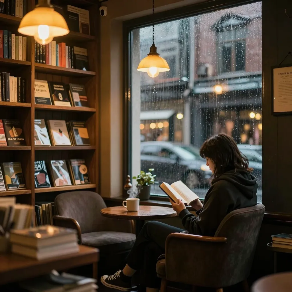 A cozy bookstore café on a rainy evening, generated by Z-Image — warm lamplight, shelves of books, rain on the window.