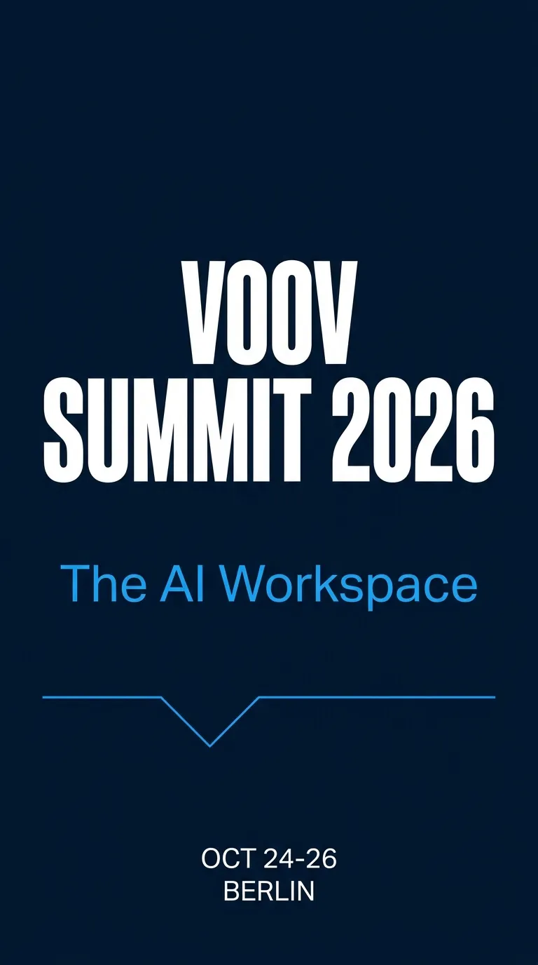 A conference poster generated by Gemini with the headline 'VOOV SUMMIT 2026' and subtitle 'The AI Workspace' rendered cleanly in a styled layout.