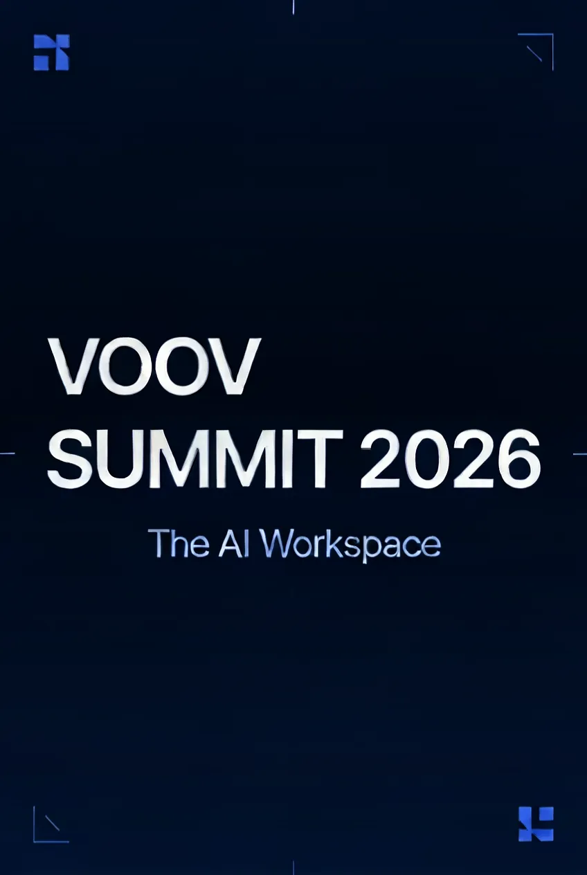 A conference poster generated by Ideogram 4 with the headline 'VOOV SUMMIT 2026' and subtitle 'The AI Workspace' rendered as crisp, legible type.