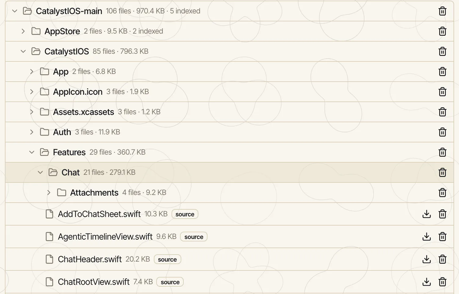 The unpacked CatalystIOS-main folder expanded in the Documents panel, showing nested folders with file counts and .swift files tagged with a 'source' badge.