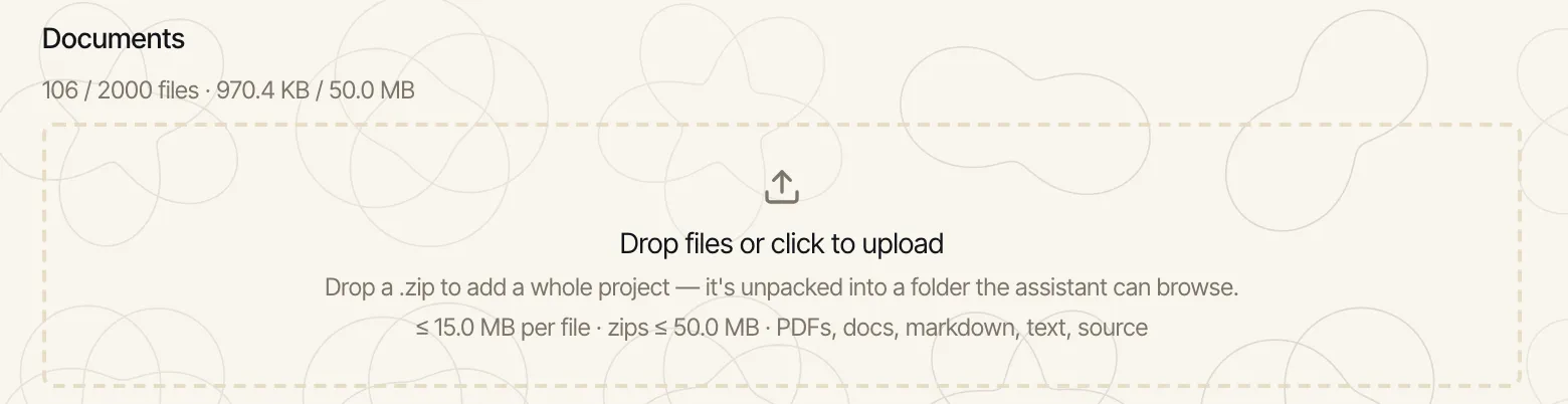 A project's Documents section: a counter reading '106 / 2000 files · 970.4 KB / 50.0 MB' above an upload area that invites you to drop files, or a .zip to add a whole project.