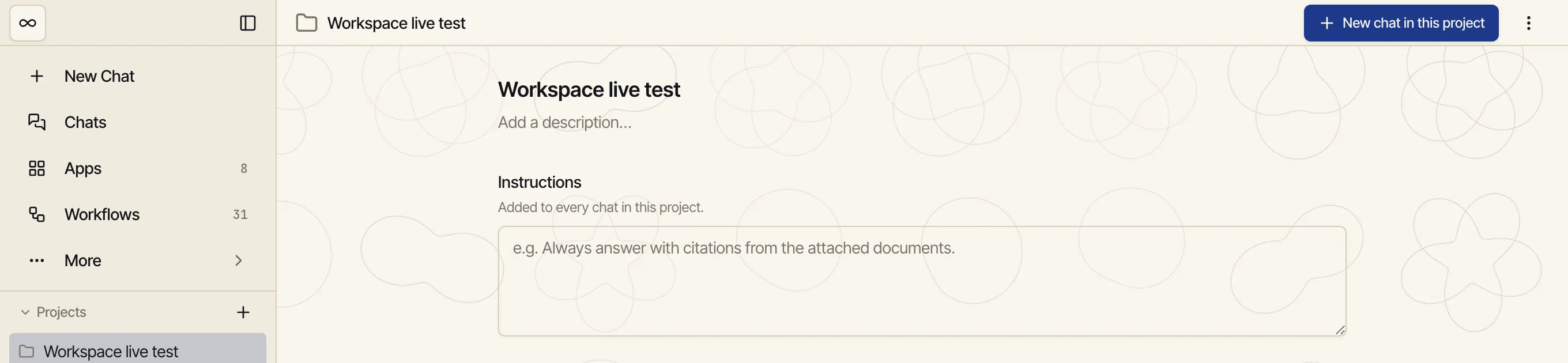The Catalyst app with a project open: a Projects section in the sidebar listing two projects, a 'New chat in this project' button in the header, and the project's Instructions box.