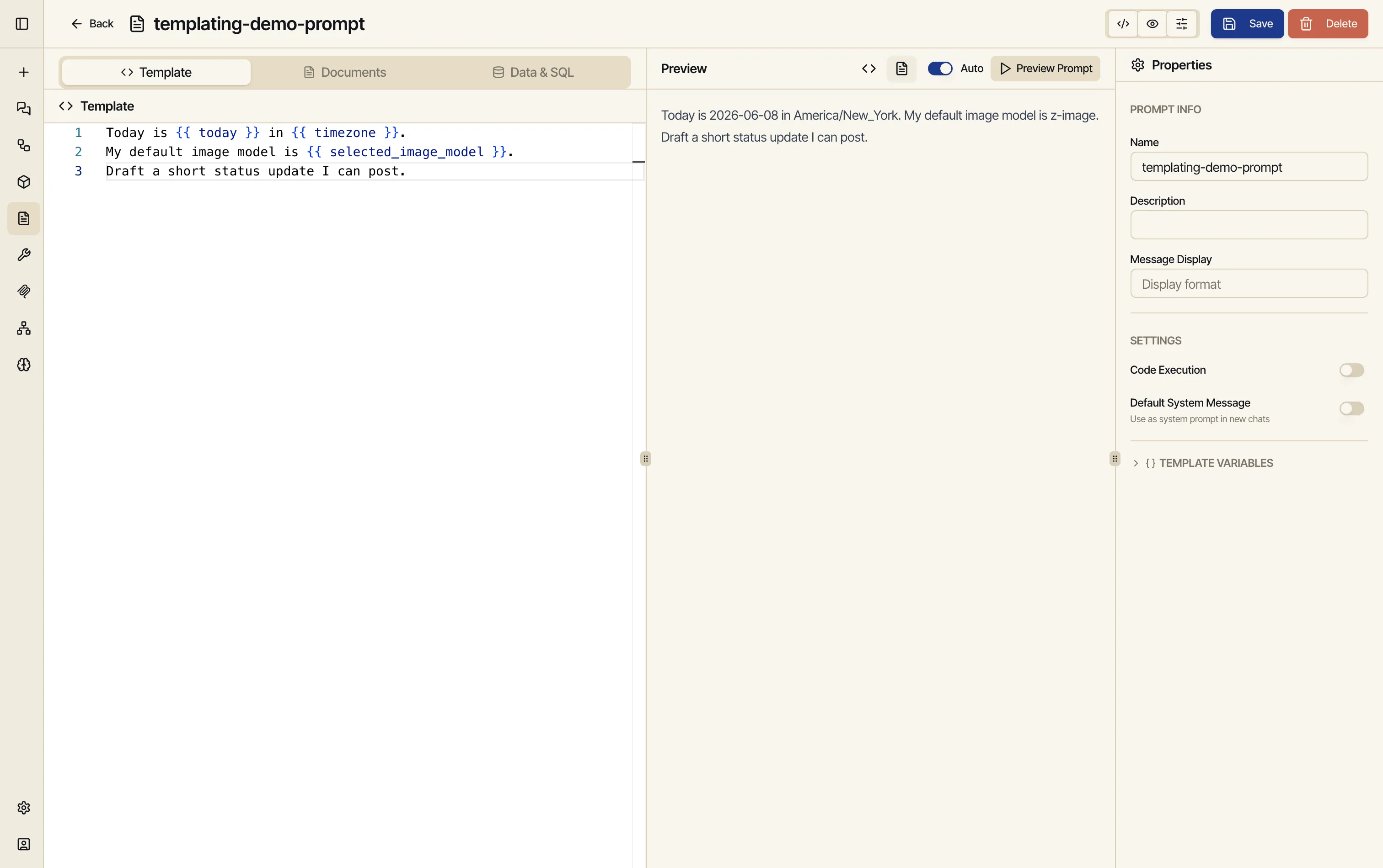 A prompt body in the editor Preview with template variables resolved against the user's context — the selected image model, enabled models, and today's date filled in — proving the same templating works in prompts.