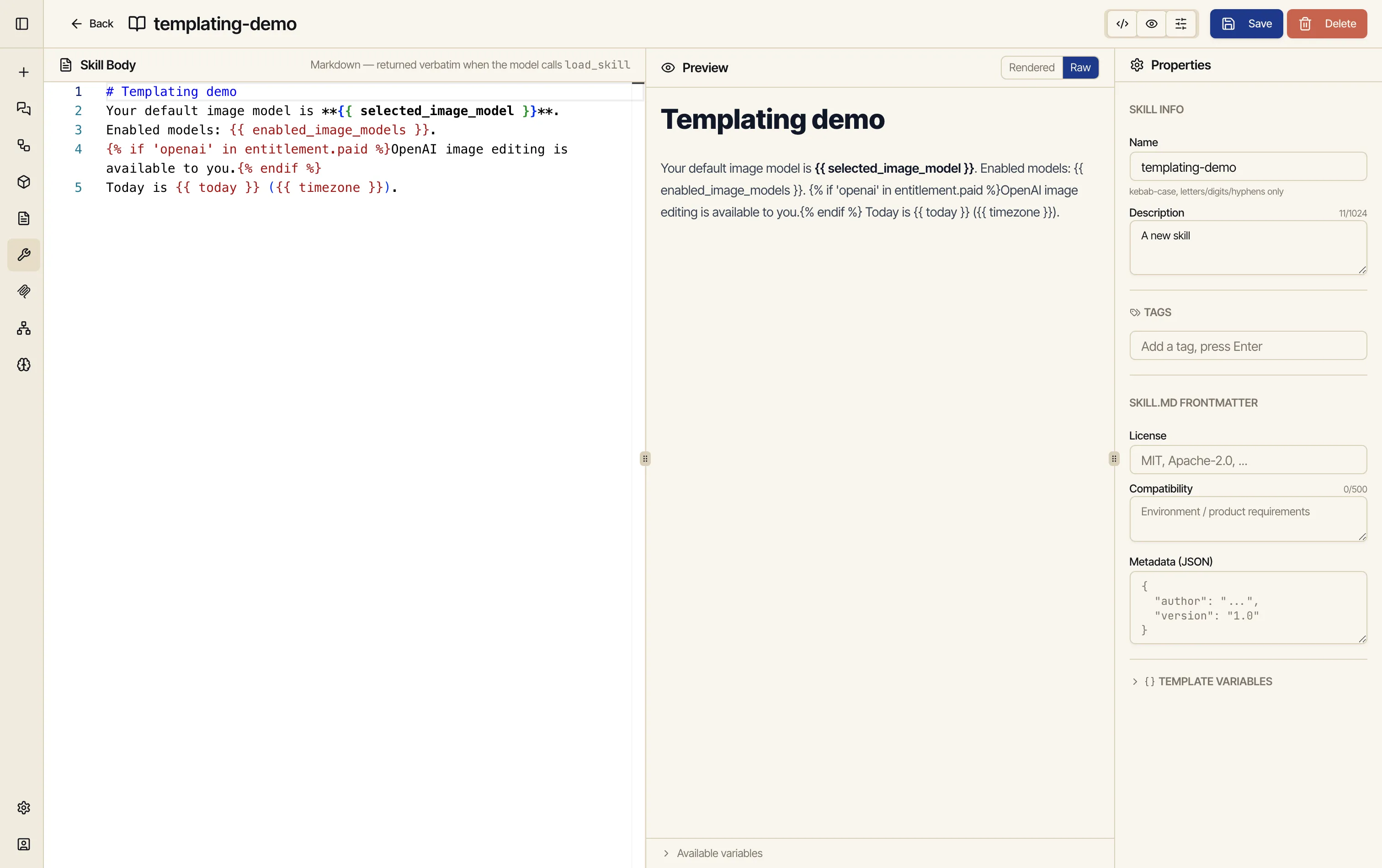 The skill editor Preview on the Raw tab, showing the literal template source with {{ selected_image_model }}, an enabled-models loop, and an {% if 'openai' in entitlement.paid %} conditional.