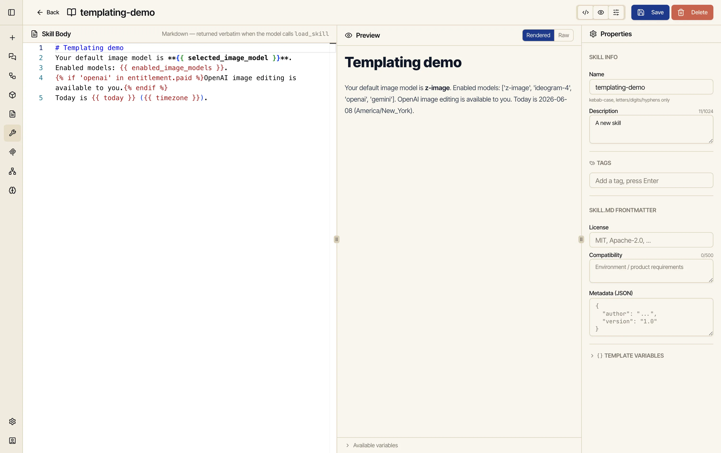The same skill on the Rendered tab: the variables are resolved to live values — the actual default image model name, the user's enabled-model list, today's date in their timezone, and the OpenAI-only guidance shown because the account has OpenAI access.