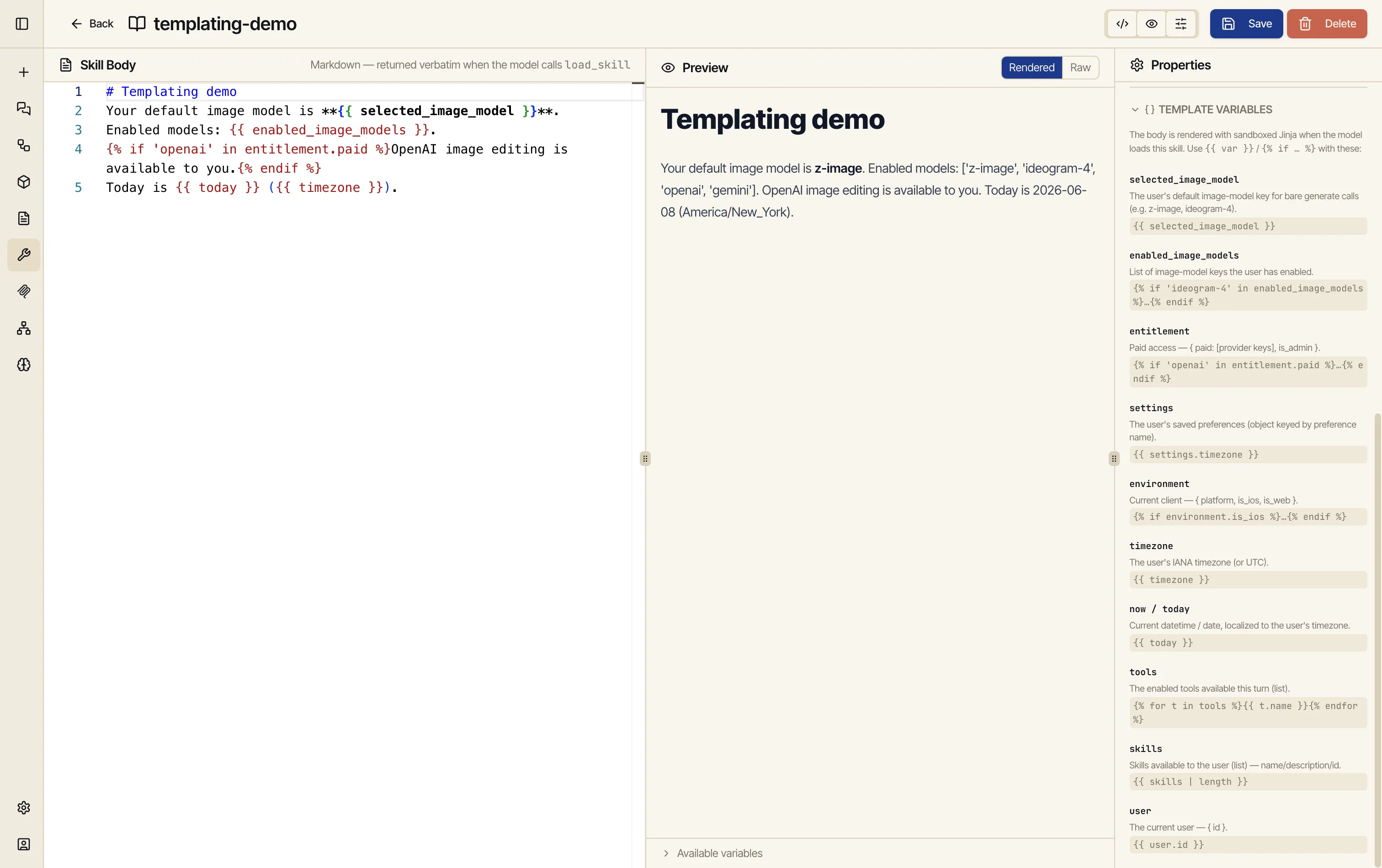 The skill editor's Properties panel with the Template Variables section expanded, listing each available variable with a short description and example usage.