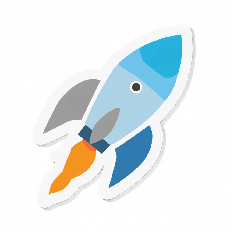 A cartoon rocket ship sticker with a thick white outline, generated by Qwen-Image 2.1 as a PNG with a transparent background — the page shows through around the sticker.
