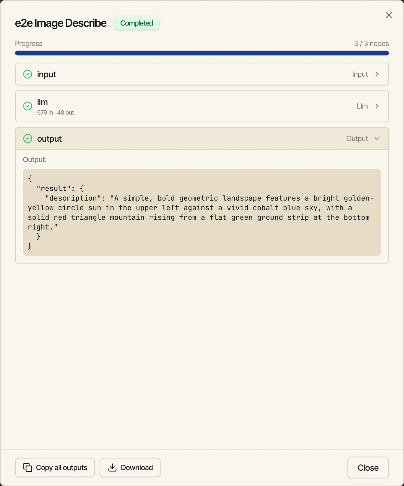 Completed run showing the model's description of the uploaded image