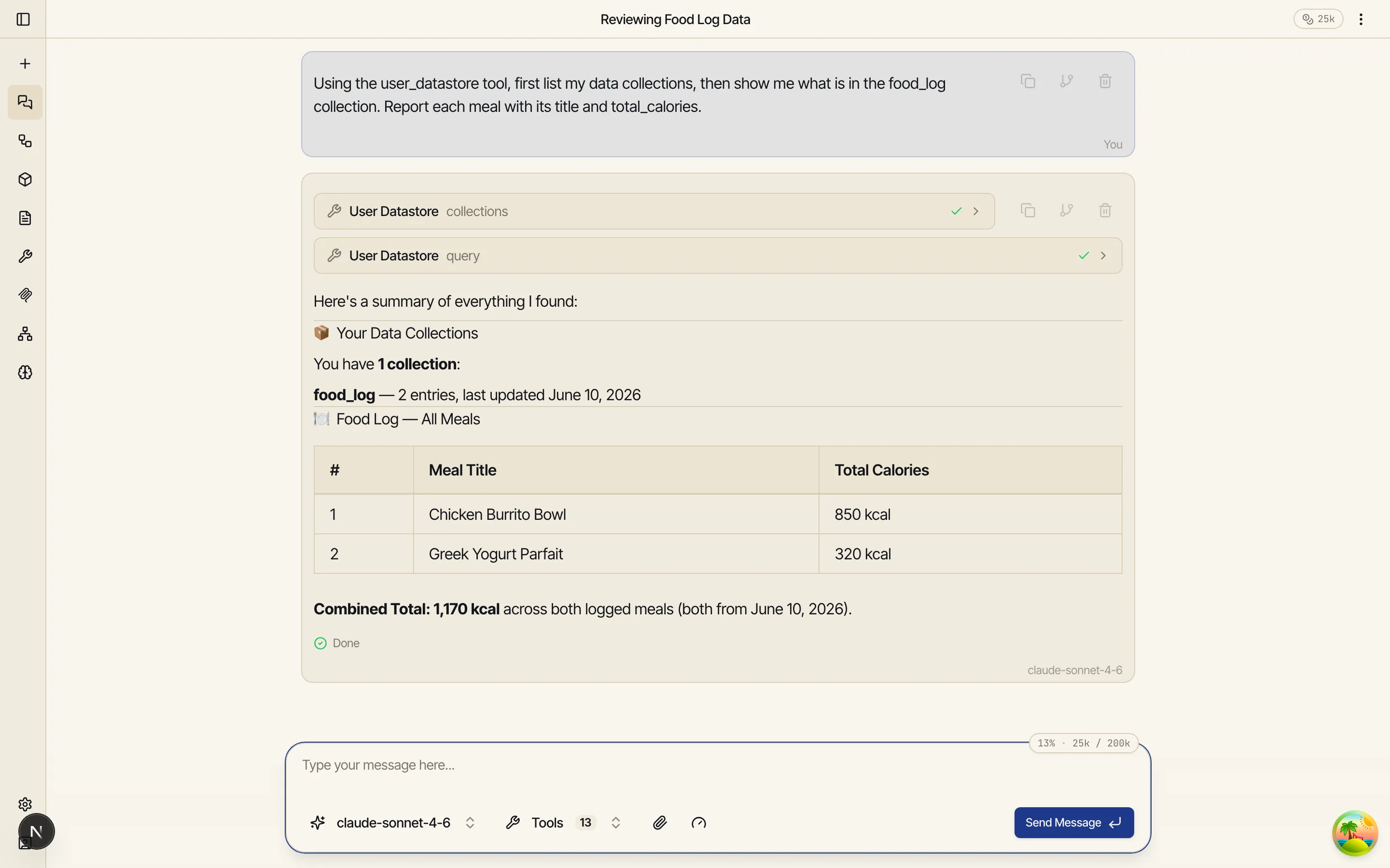 A chat using the User Datastore tool to list collections and summarize the food_log meals in a table